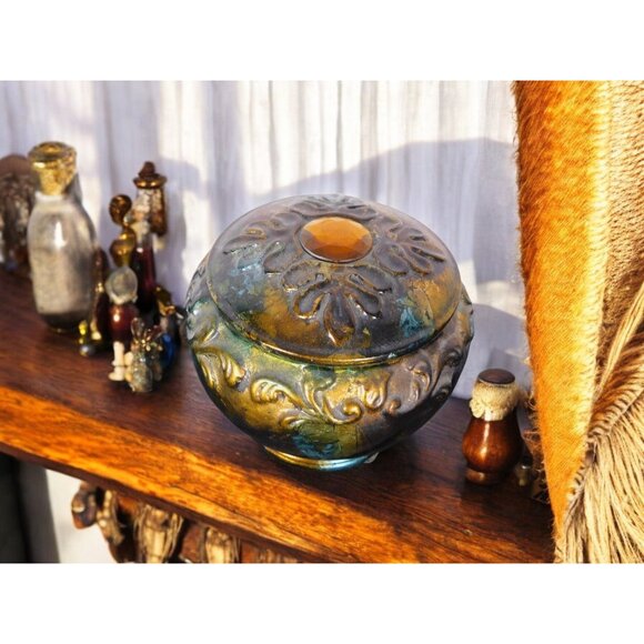 Antique Glazed Ceramic Jar with Lid Bohemian Rustic Decor 6" Tall - Picture 6 of 9